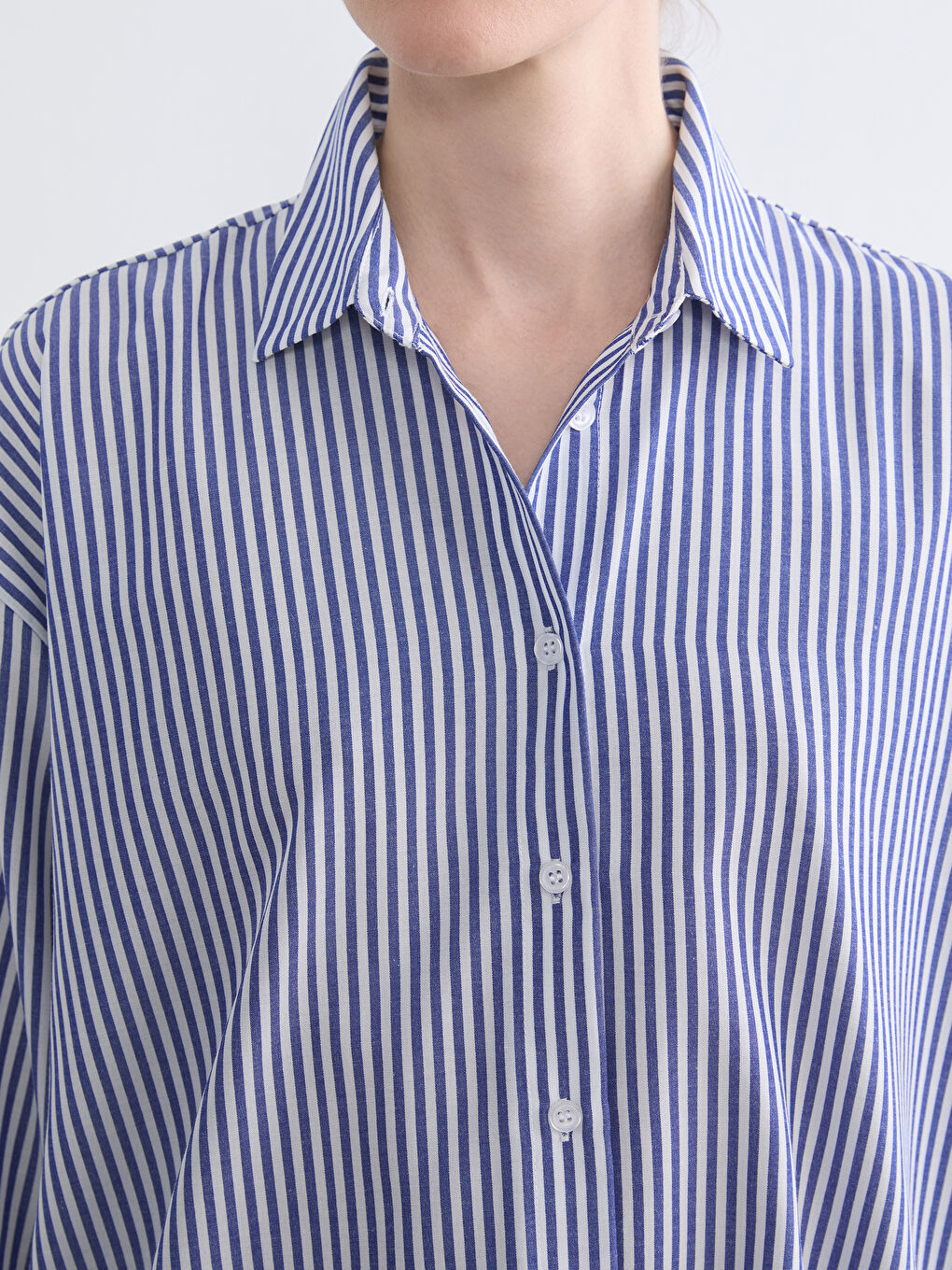 Mavi Çizgili Oversize Poplin Kadın Gömlek Tunik-2
