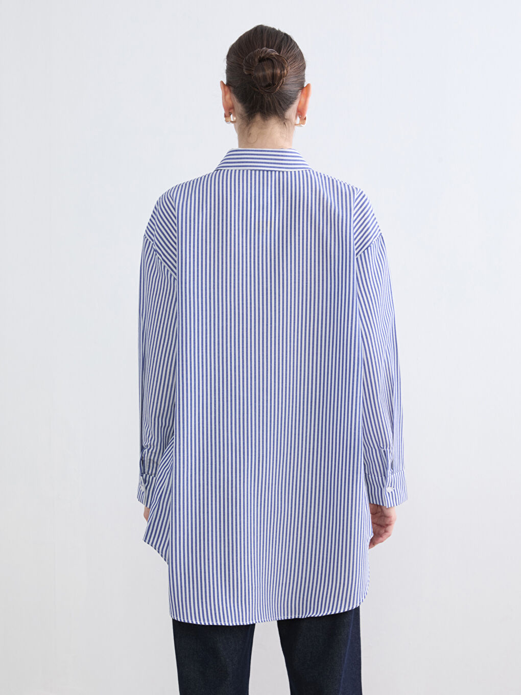 Mavi Çizgili Oversize Poplin Kadın Gömlek Tunik-3