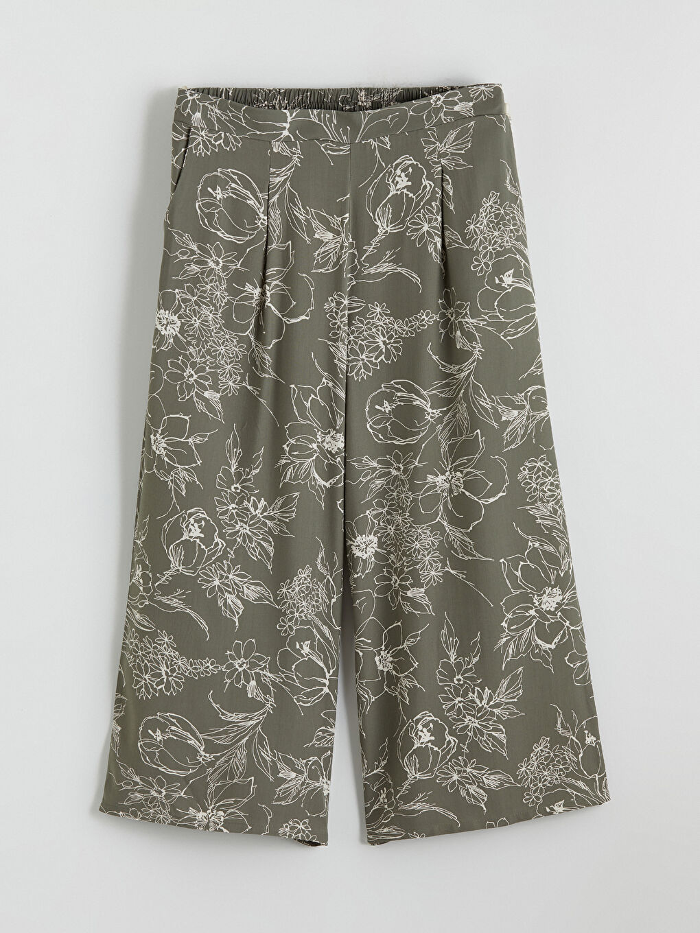 Haki Beli Lastikli Çiçekli Kadın Kapri-4