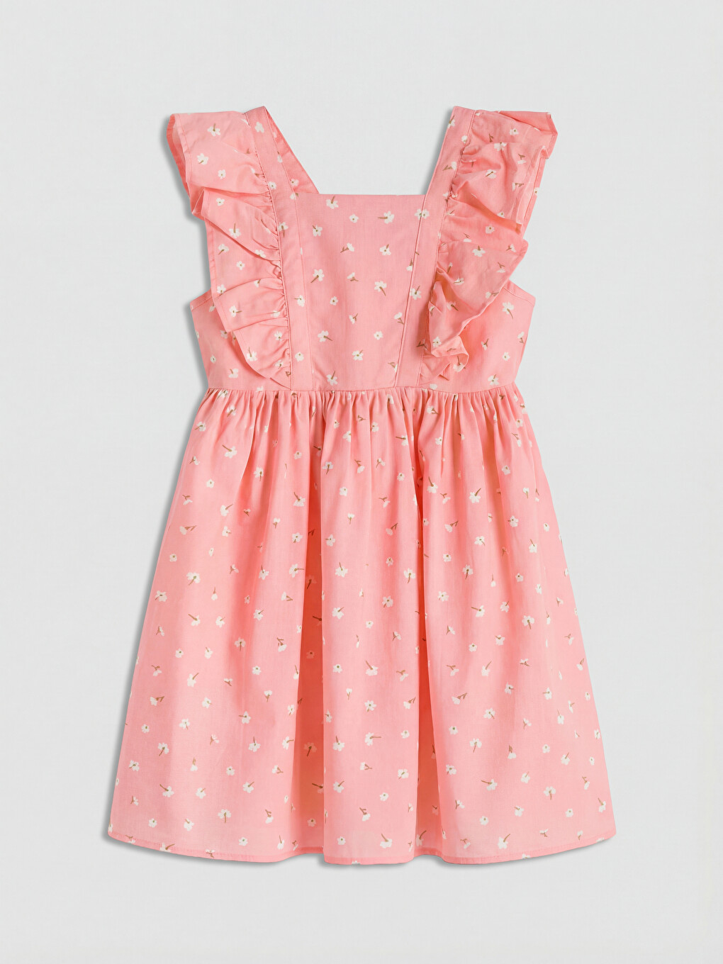 Ruffled Square Neck Printed Girls' Poplin Dress