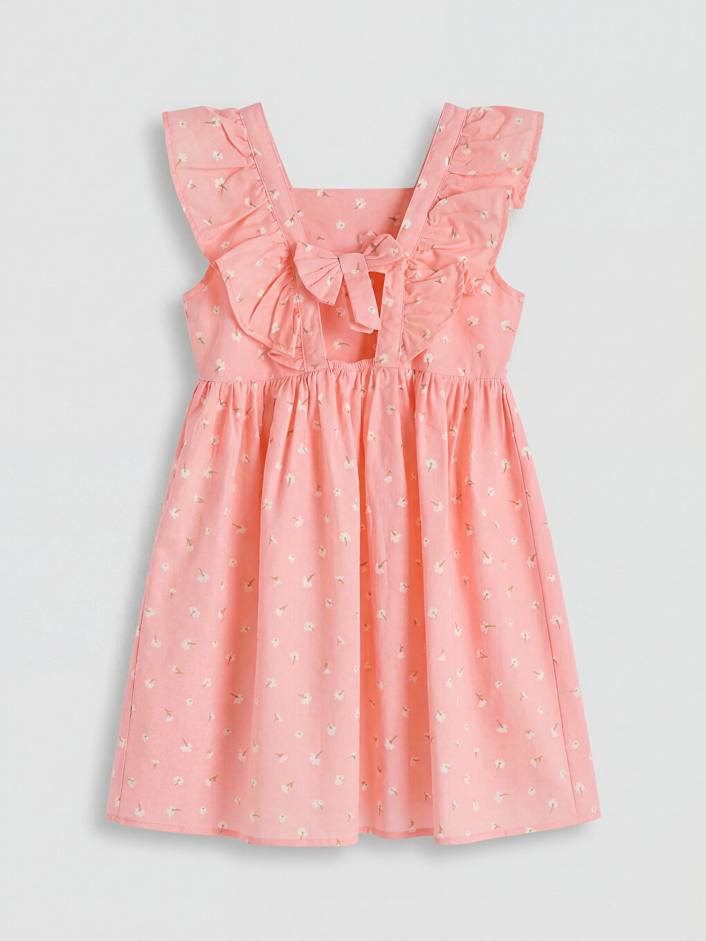 Ruffled Square Neck Printed Girls' Poplin Dress-1