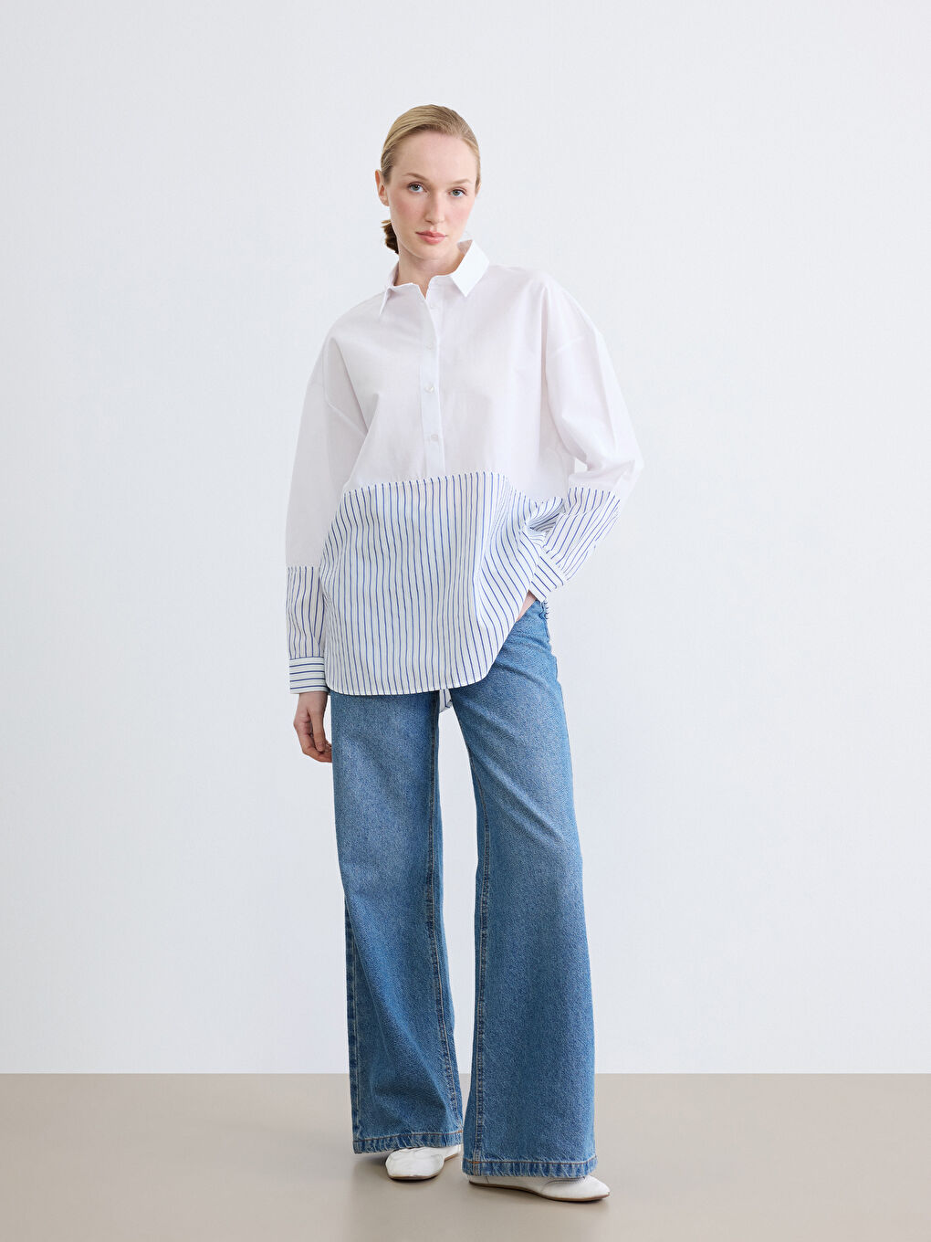 Mavi Çizgili Oversize Kadın Gömlek Tunik-1