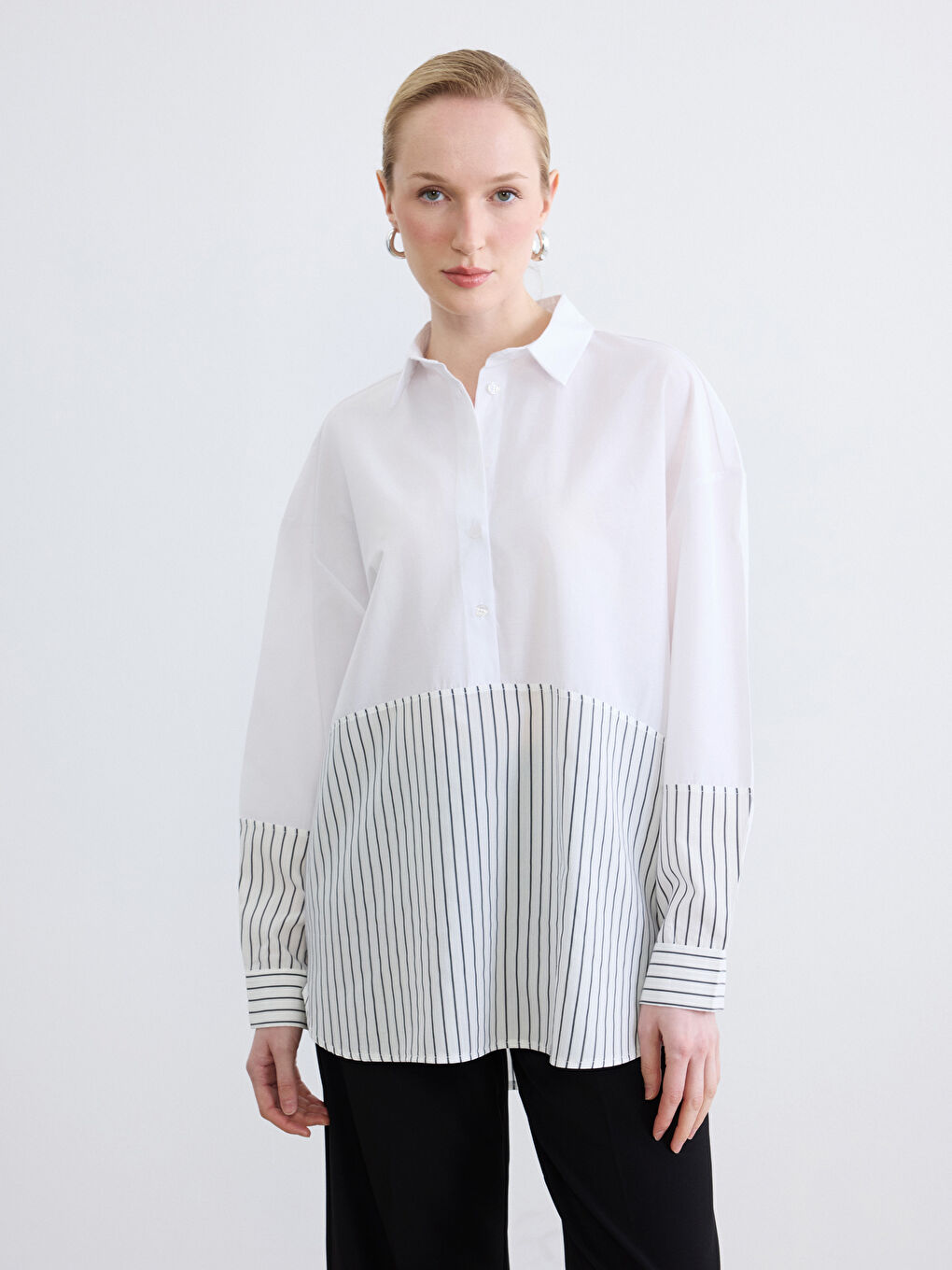 Gri Çizgili Oversize Kadın Gömlek Tunik