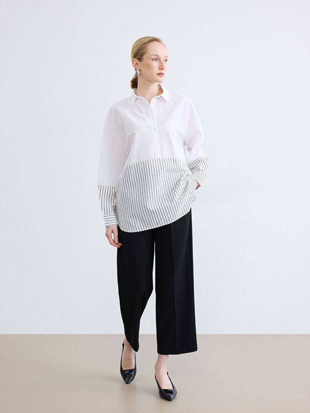 Gri Çizgili Oversize Kadın Gömlek Tunik-1