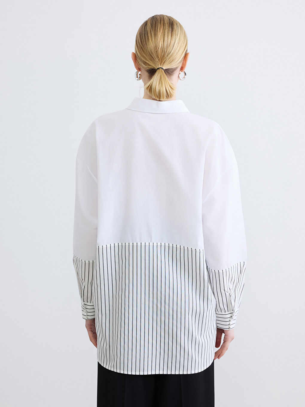 Gri Çizgili Oversize Kadın Gömlek Tunik-3