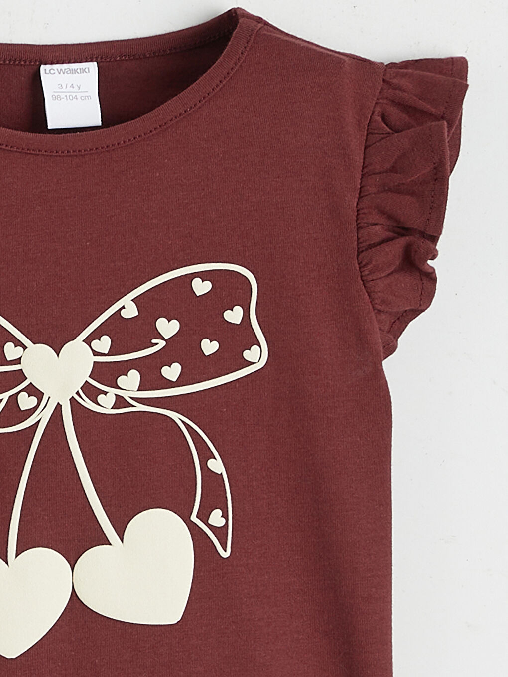 Bordo Bisiklet Yaka Baskılı Kız Çocuk Tişört-1