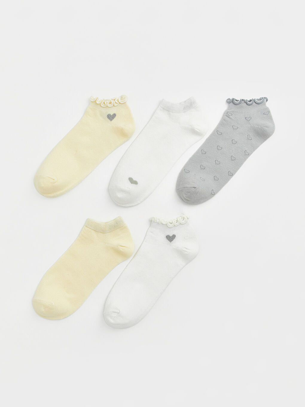 Sarı Kalp Desenli Kadın Patik Çorap 5'li