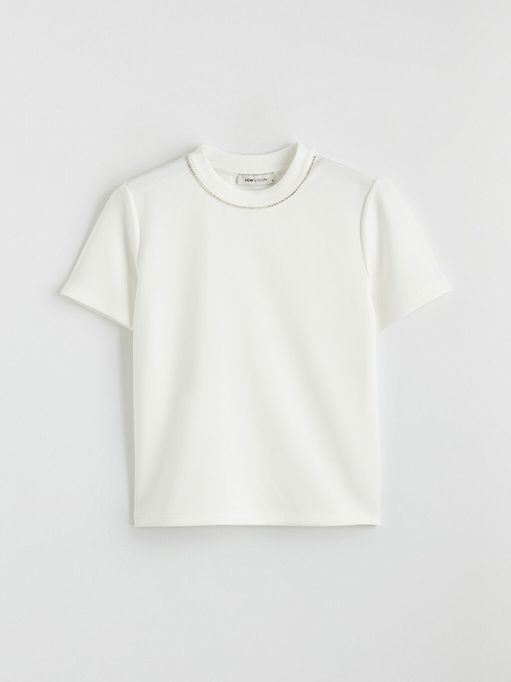 Dik Yaka Taşlı Kadın Tişört-4