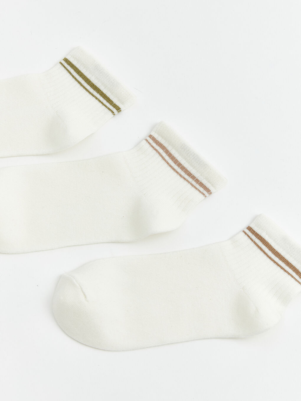 Ekru Çizgili Kadın Patik Çorap 3'lü-1