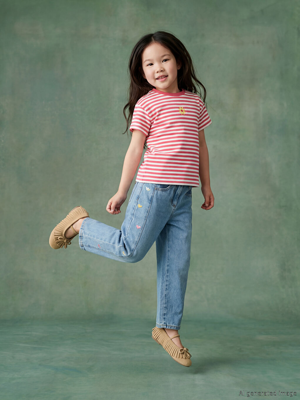 جينز بناتي مطرز بقصة عادية-1