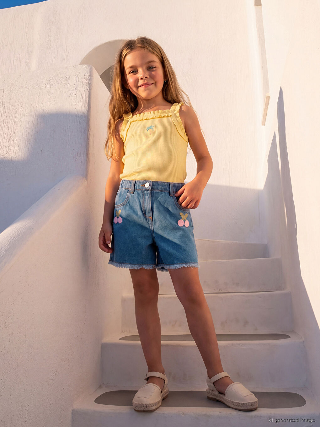 Elastic Waist Embroidered Girls' Denim Shorts