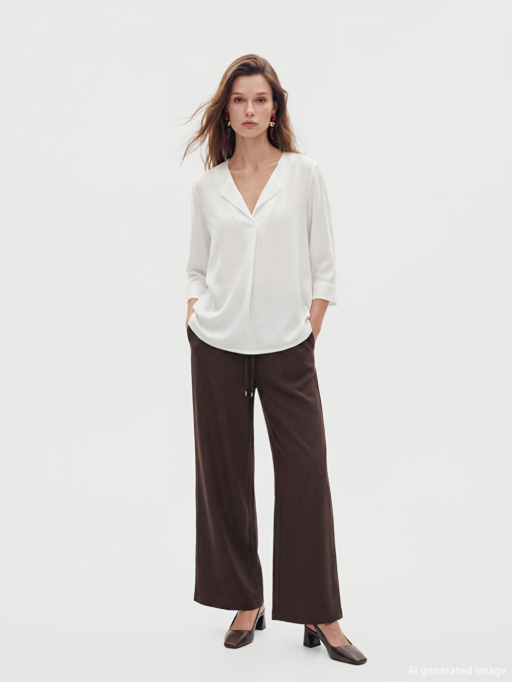 Kahverengi Beli Lastikli Geniş Paça Kadın Pantolon-1