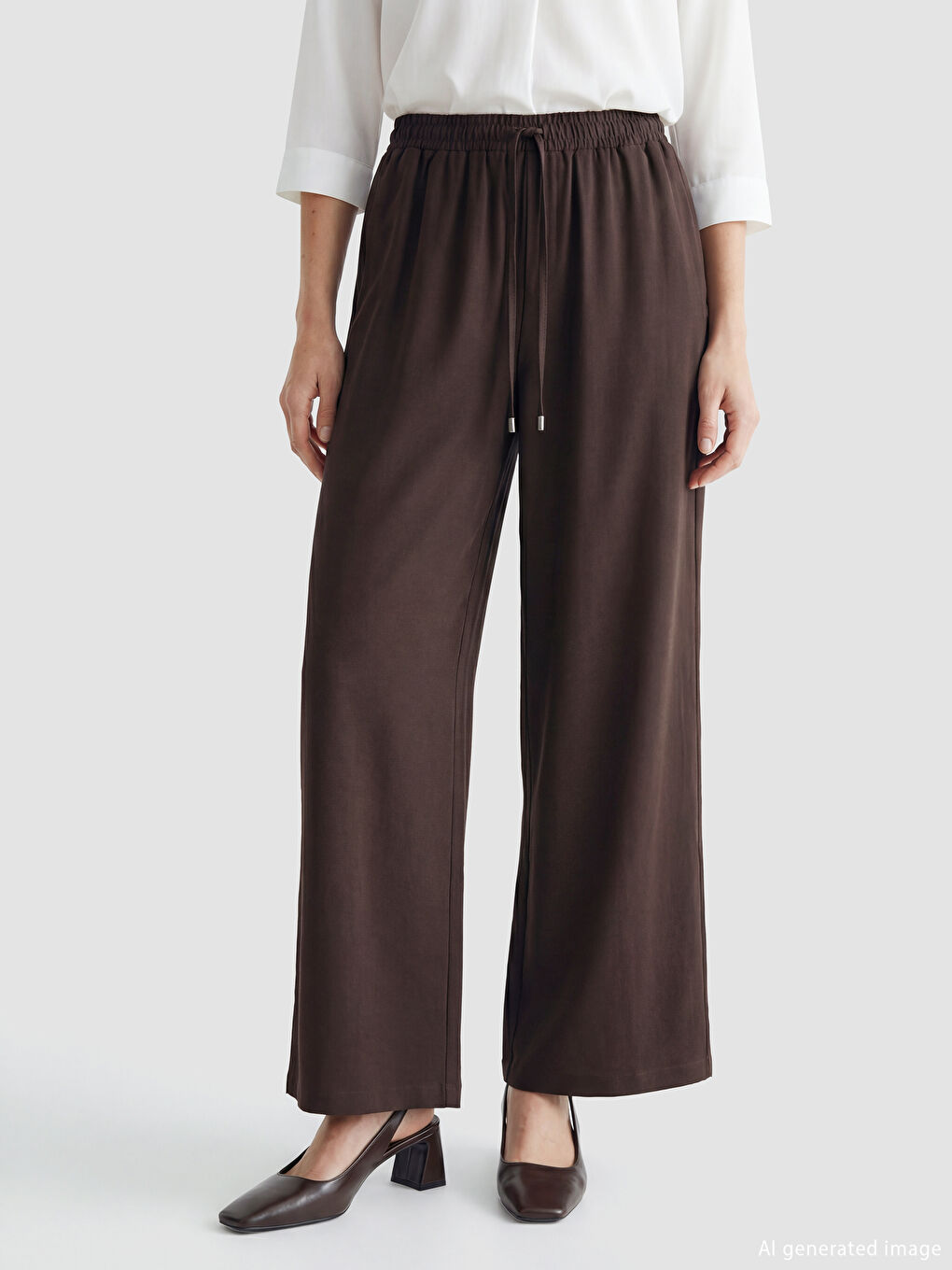 Kahverengi Beli Lastikli Geniş Paça Kadın Pantolon-3