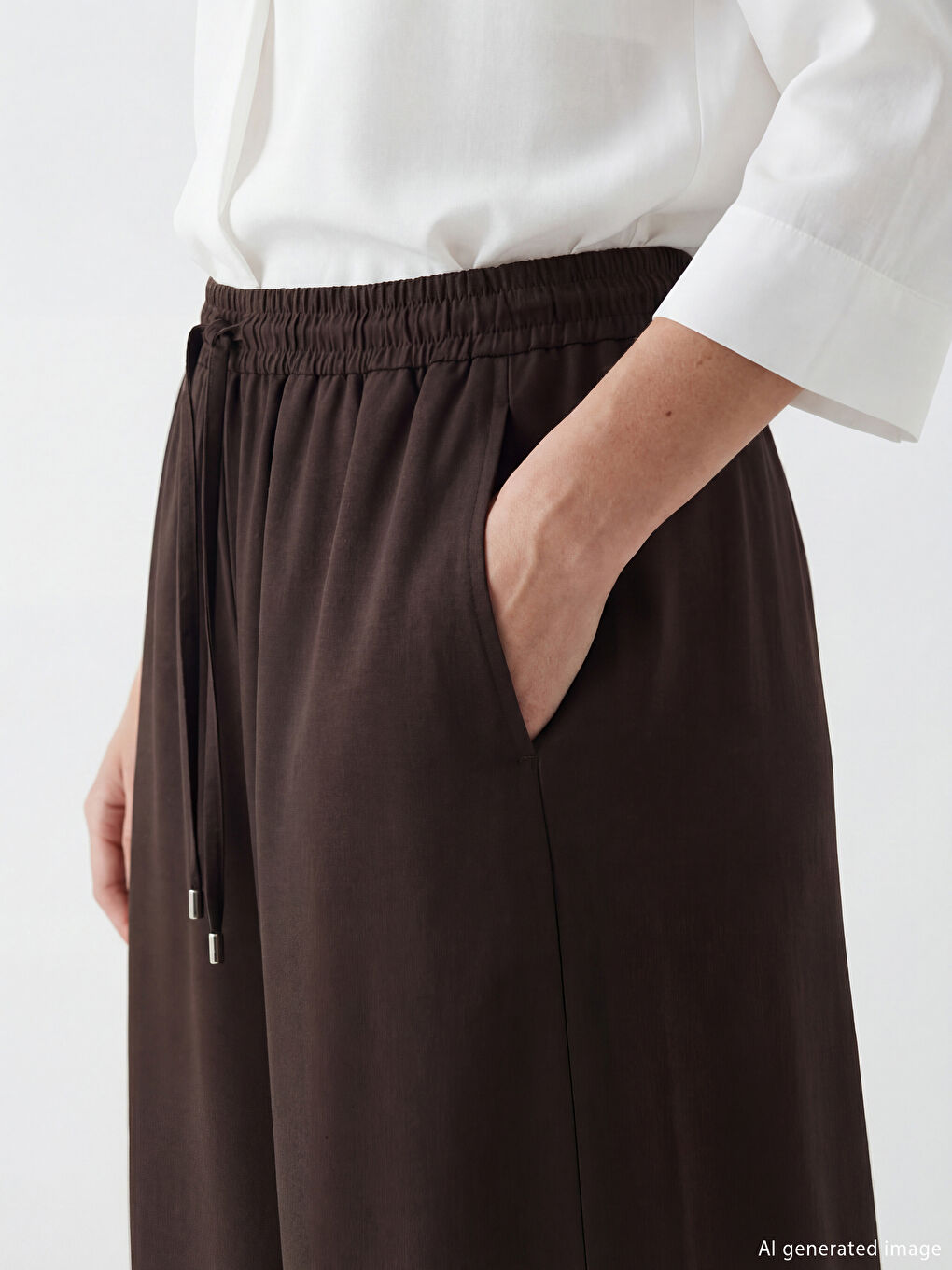 Kahverengi Beli Lastikli Geniş Paça Kadın Pantolon-5