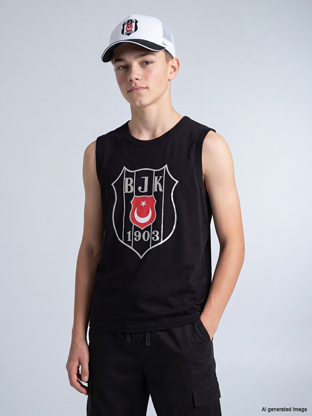 Siyah Bisiklet Yaka Beşiktaş Baskılı Erkek Çocuk Atlet