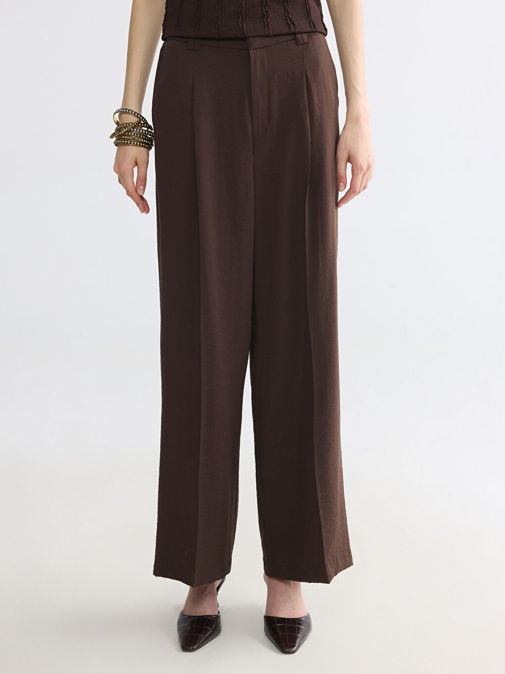 Pantaloni Largi cu Pense din Amestec de In pentru Femei-1
