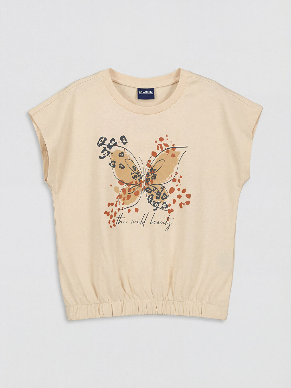 Bej Kısa Kollu Bisiklet Yaka Baskılı Kız Çocuk Tişört