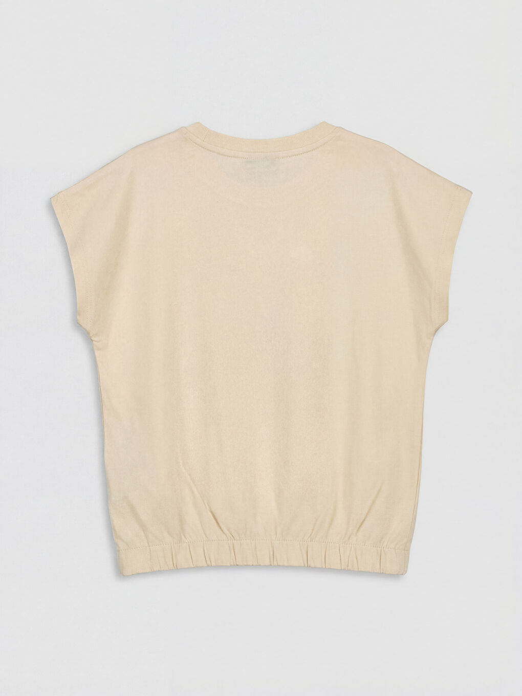 Bej Kısa Kollu Bisiklet Yaka Baskılı Kız Çocuk Tişört-1