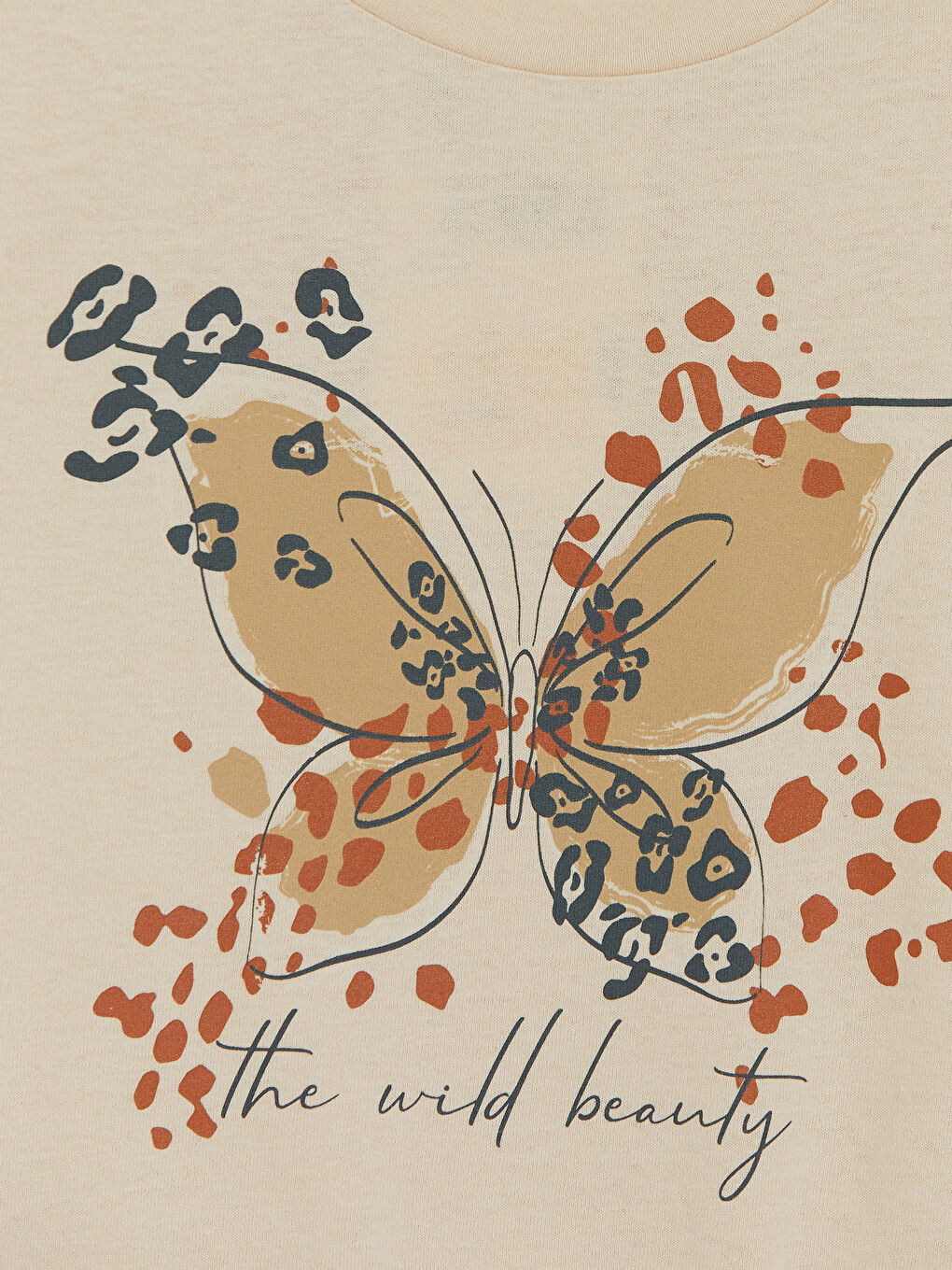 Bej Kısa Kollu Bisiklet Yaka Baskılı Kız Çocuk Tişört-2