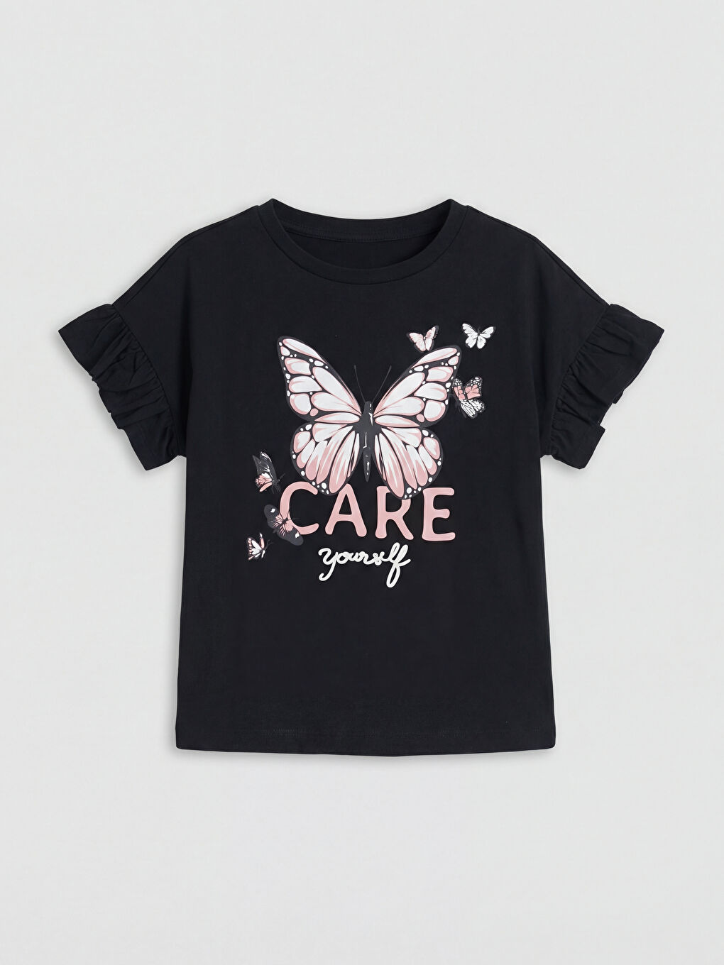 Siyah Baskılı Fırfırlı Kız Çocuk Tişört
