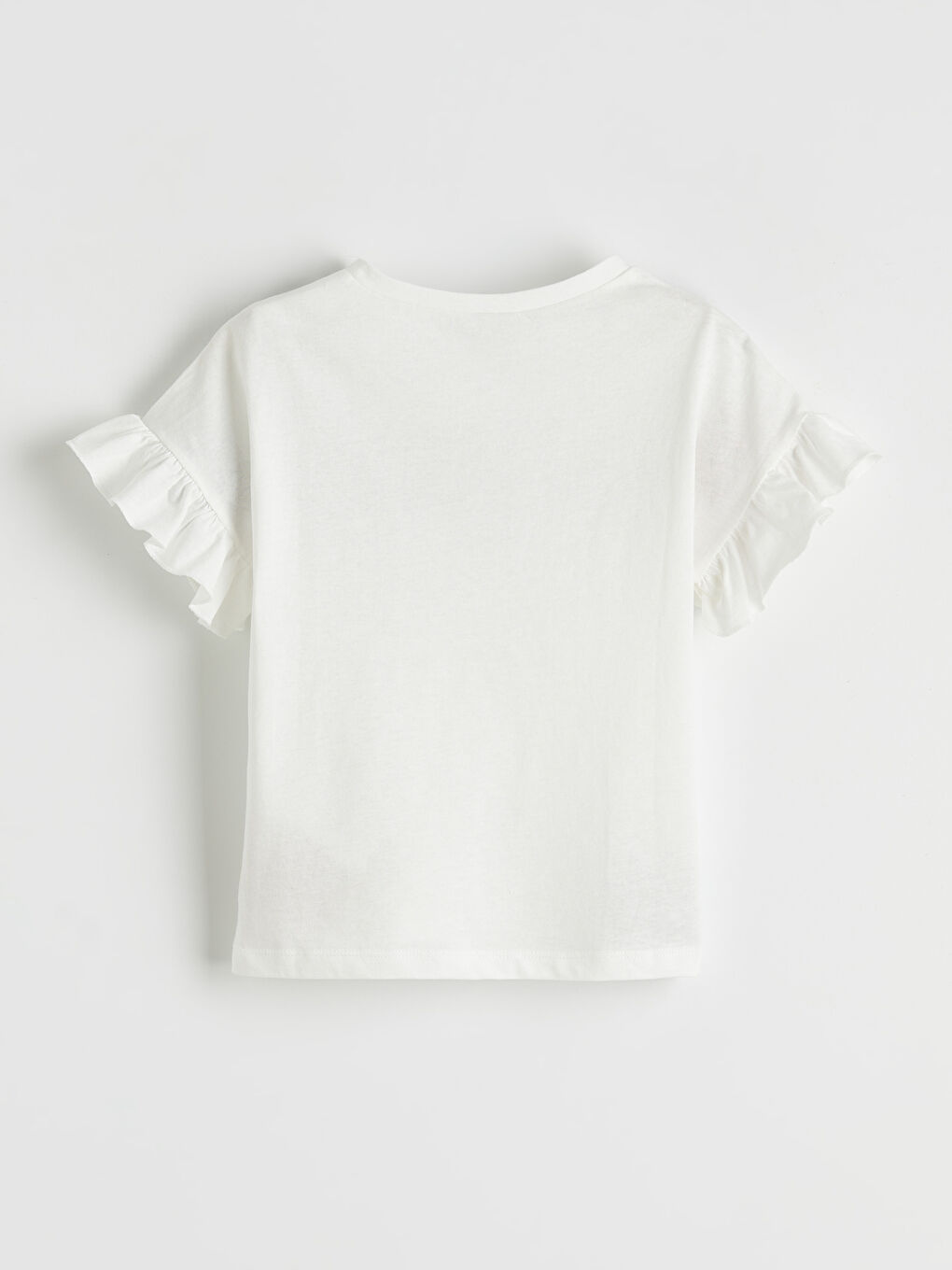 Ekru Bisiklet Yaka Fırfır Kollu Baskılı Kız Çocuk Tişört-1