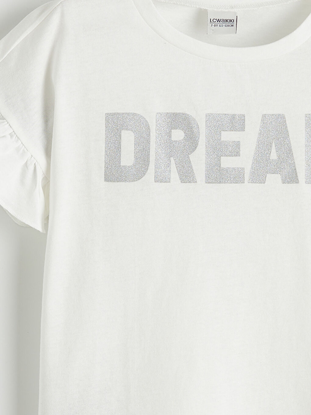 Ekru Bisiklet Yaka Fırfır Kollu Baskılı Kız Çocuk Tişört-2