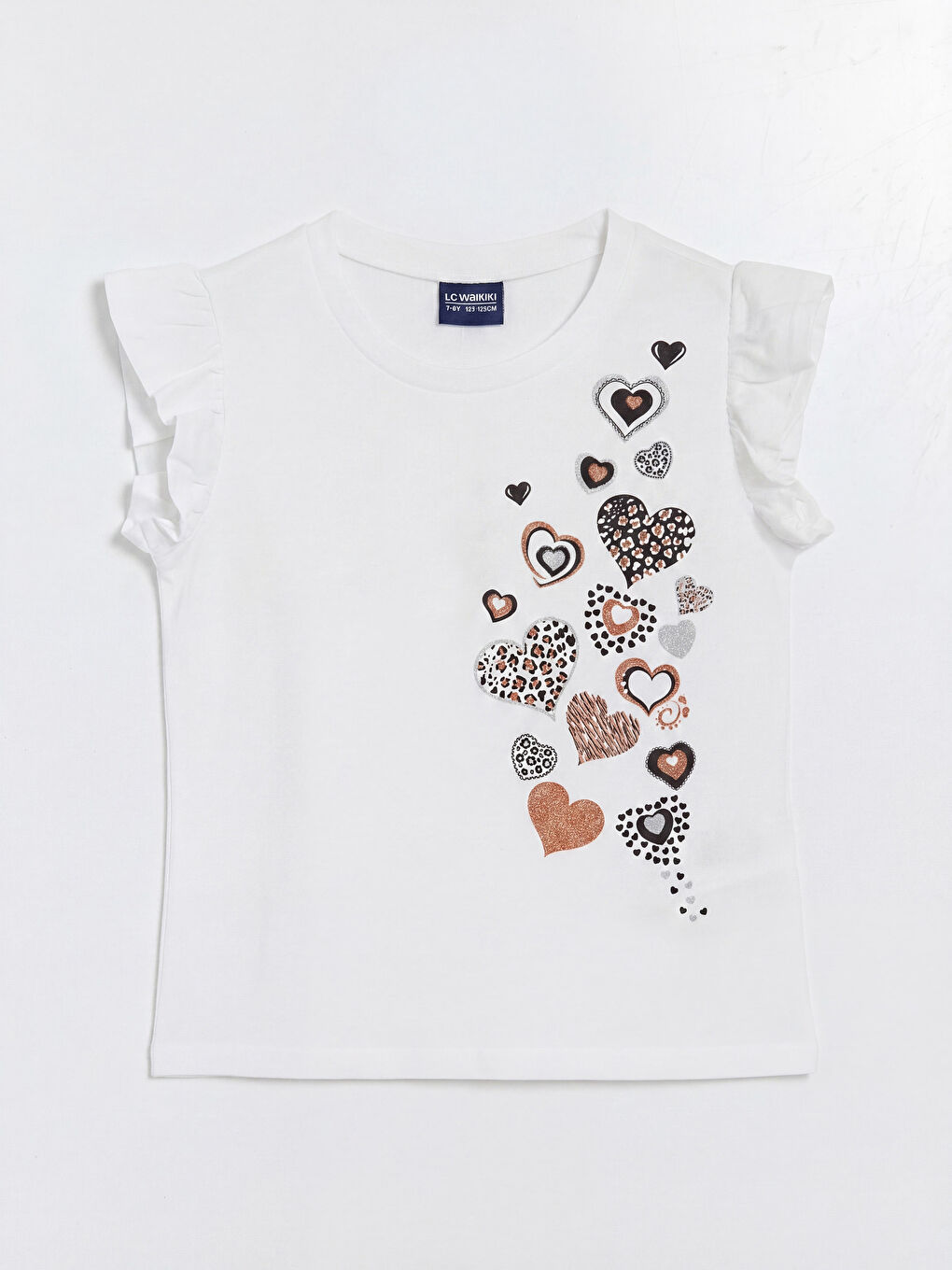 Beyaz Bisiklet Yaka Kalp Baskılı Kız Çocuk Tişört