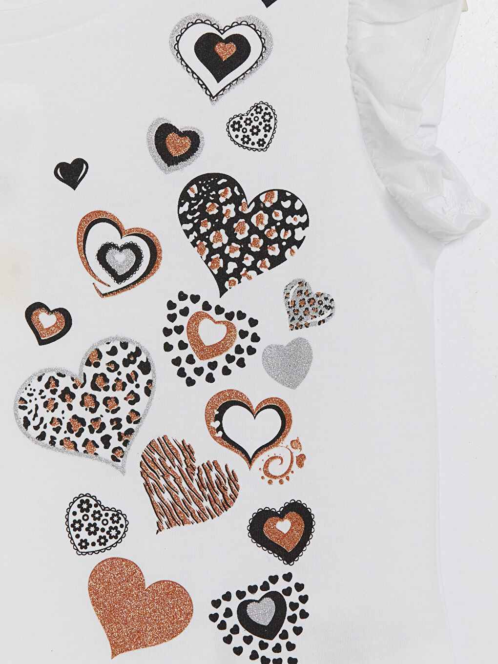 Beyaz Bisiklet Yaka Kalp Baskılı Kız Çocuk Tişört-2