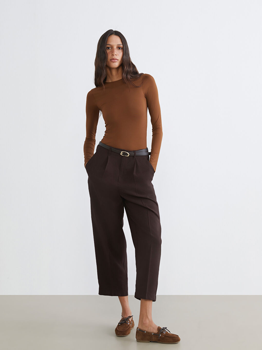 Kahverengi Bisiklet Yaka Kadın Bodysuit-1