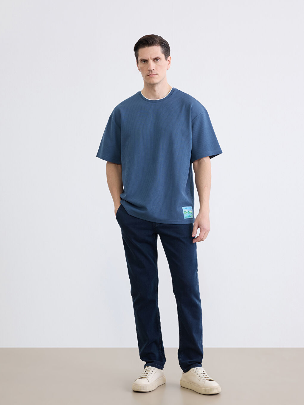 Petrol  Oversize Bisiklet Yaka Erkek Tişört-1