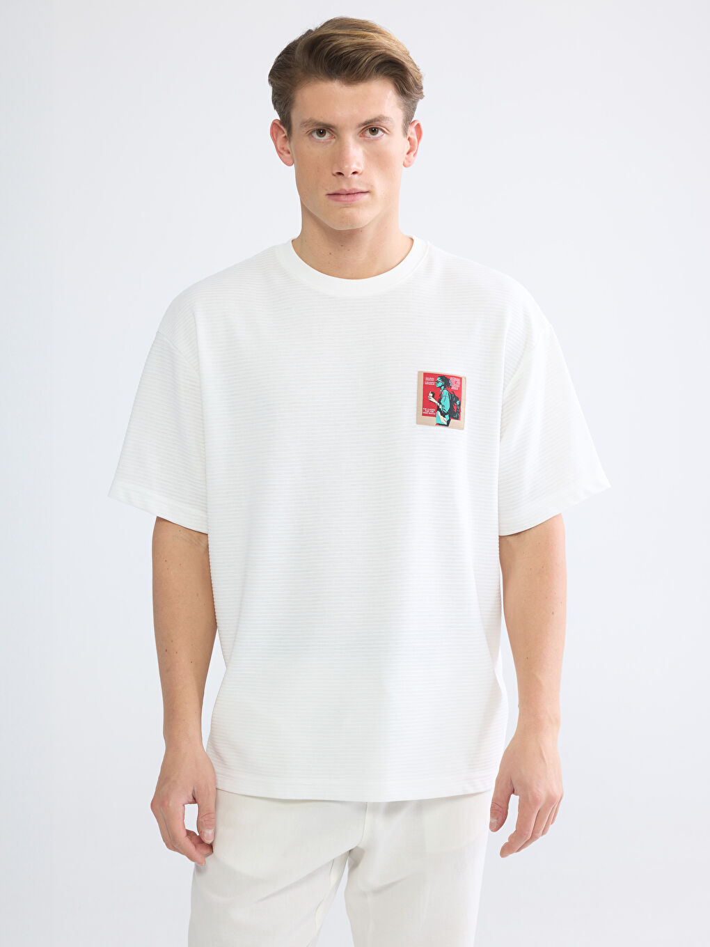 Beyaz Bisiklet Yaka Nakışlı Penye Erkek Tişört