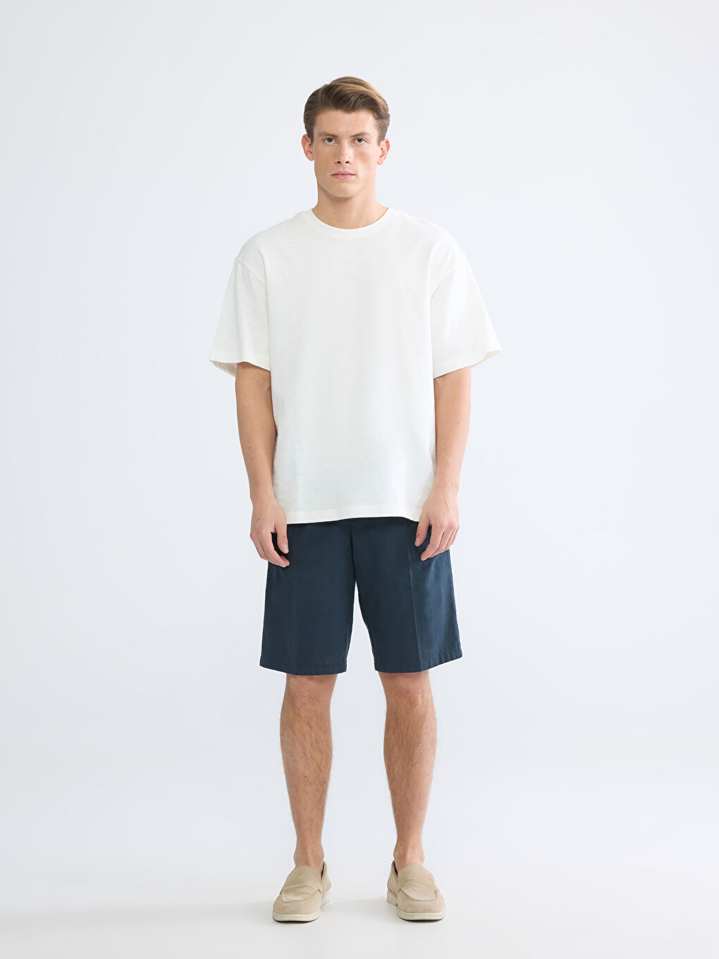 Ekru Bisiklet Yaka Penye Erkek Tişört-1