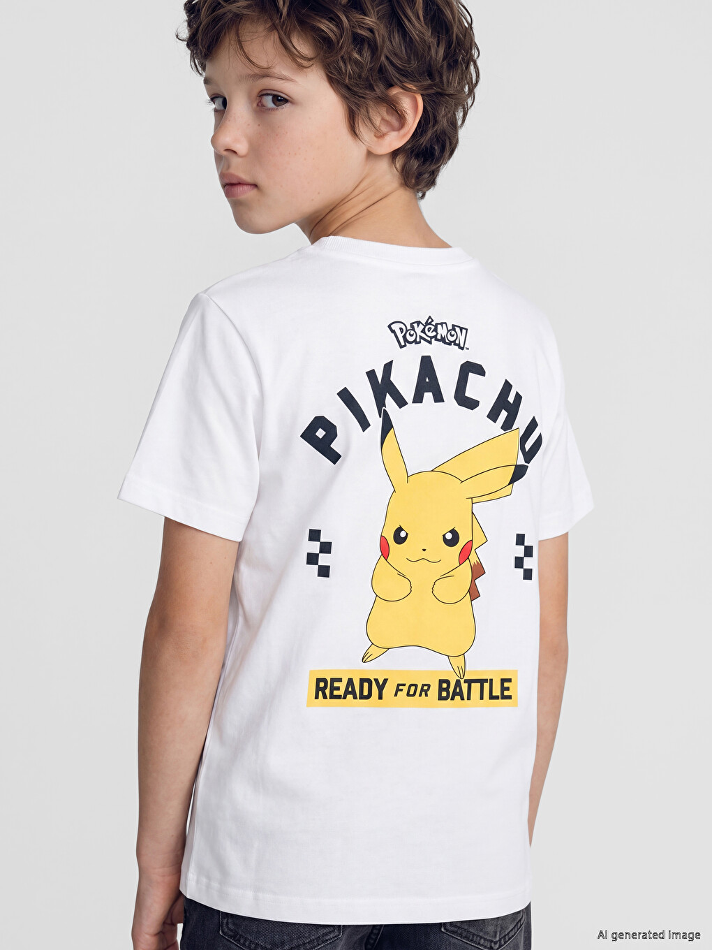 Beyaz Pikachu Baskılı Erkek Çocuk Tişört-1
