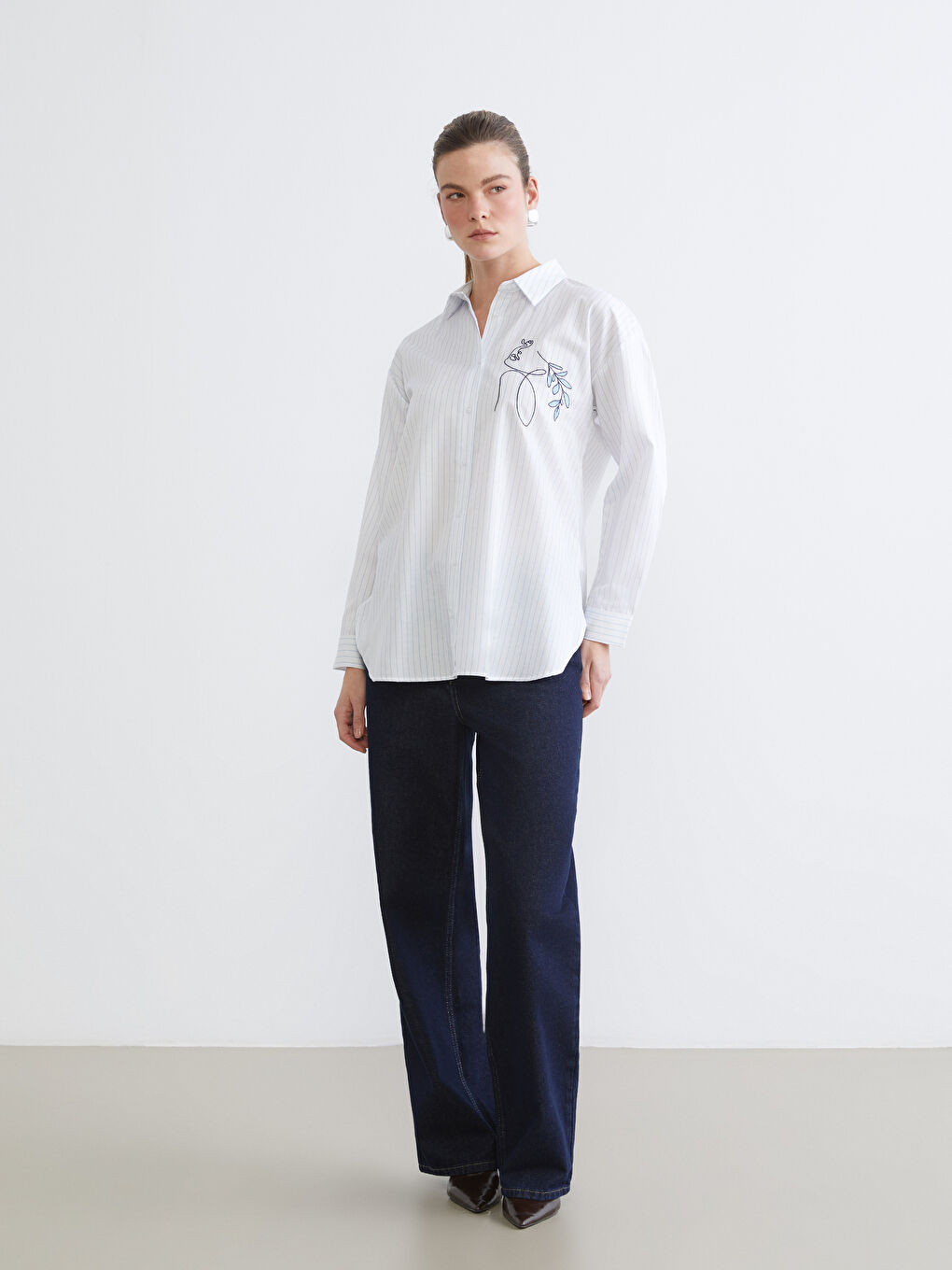 Mavi Çizgili Kadın Poplin Gömlek-1