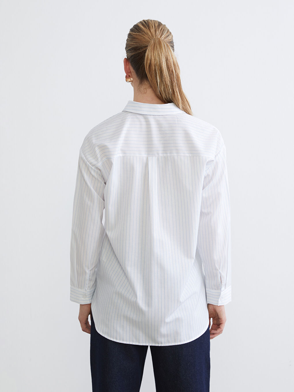 Mavi Çizgili Kadın Poplin Gömlek-3