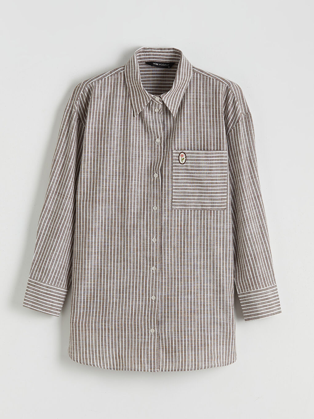 Kahverengi Çizgili Oversize Poplin Kadın Gömlek Tunik-4