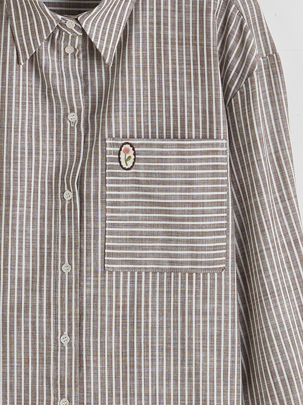 Kahverengi Çizgili Oversize Poplin Kadın Gömlek Tunik-5