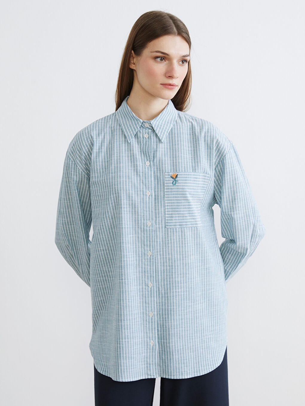 Yeşil Çizgili Oversize Poplin Kadın Gömlek Tunik