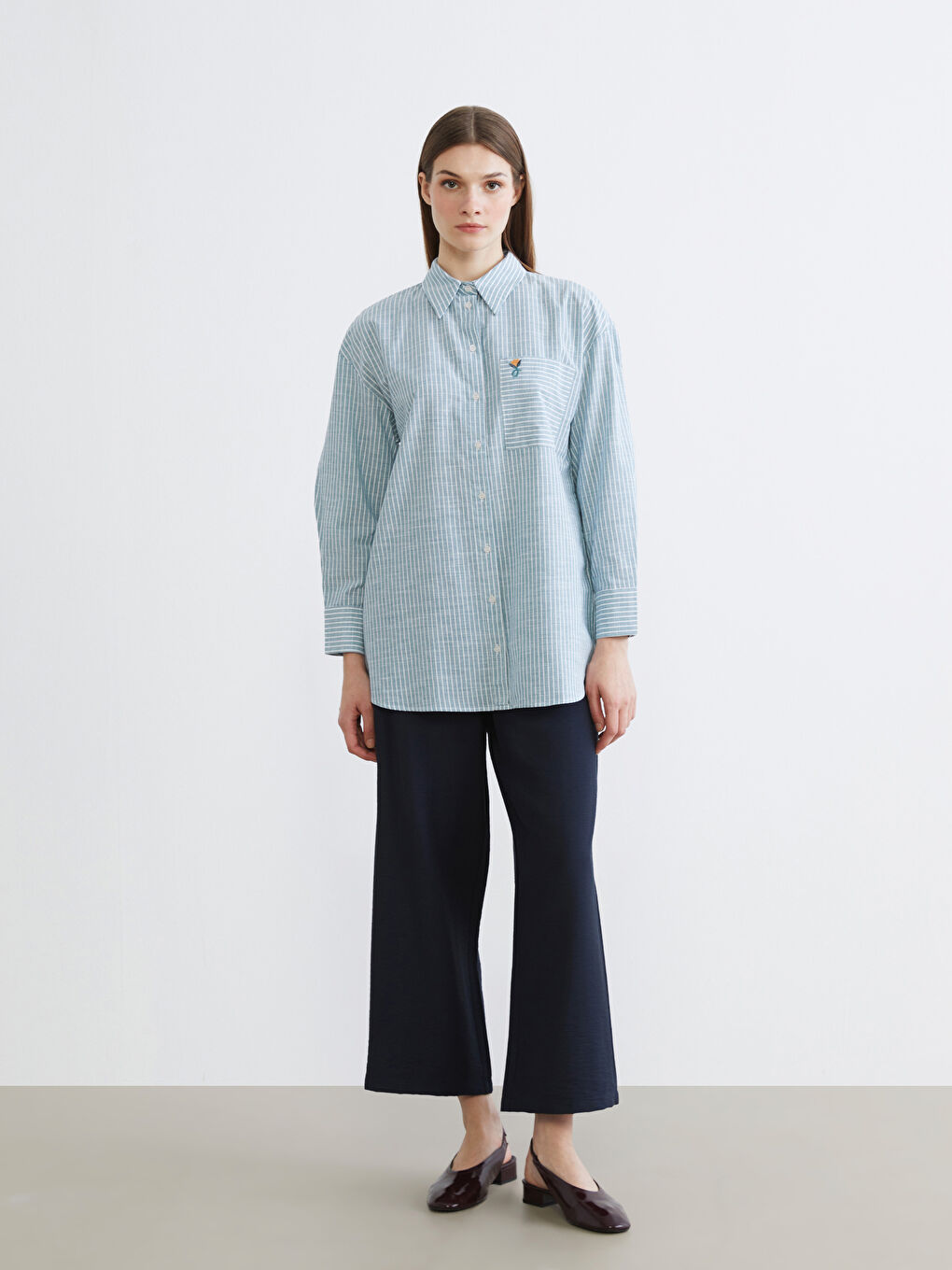 Yeşil Çizgili Oversize Poplin Kadın Gömlek Tunik-1