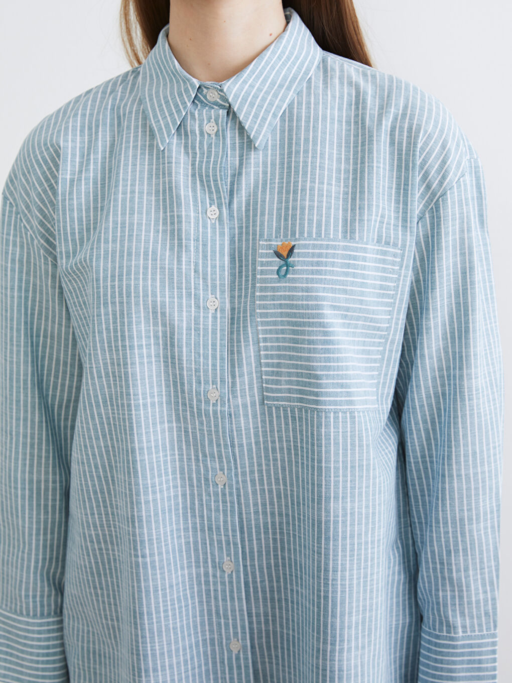 Yeşil Çizgili Oversize Poplin Kadın Gömlek Tunik-2