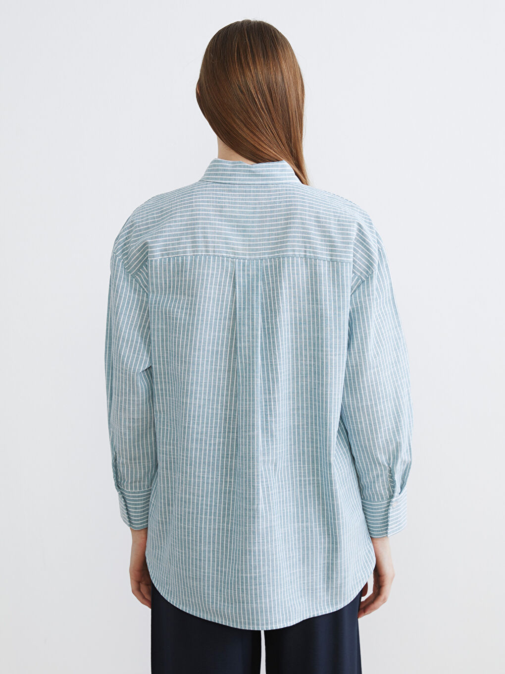 Yeşil Çizgili Oversize Poplin Kadın Gömlek Tunik-3