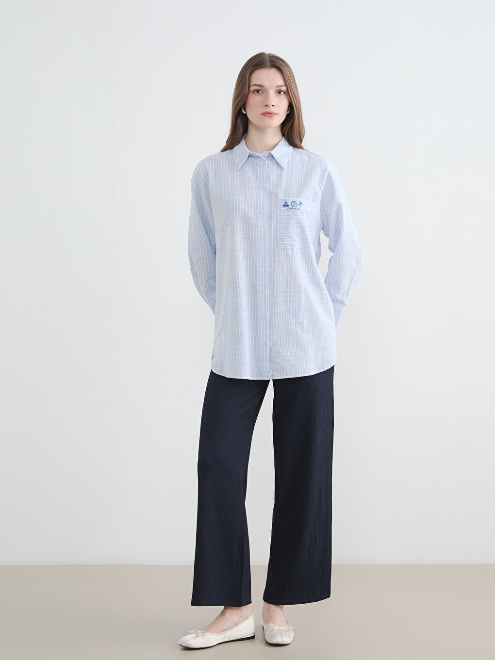 Mavi Çizgili Oversize Poplin Kadın Gömlek Tunik-1