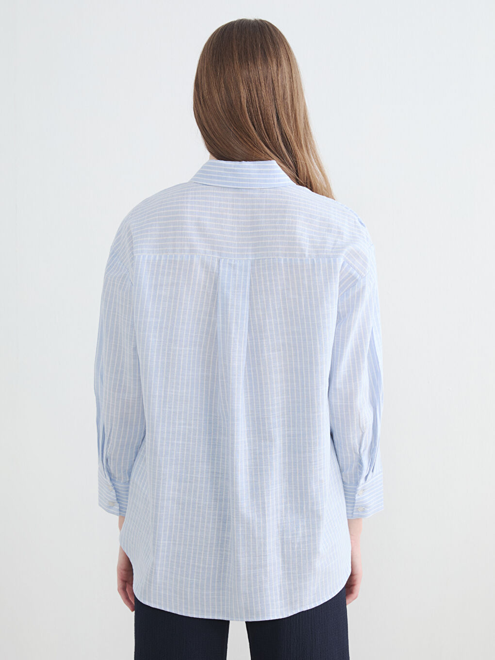 Mavi Çizgili Oversize Poplin Kadın Gömlek Tunik-3