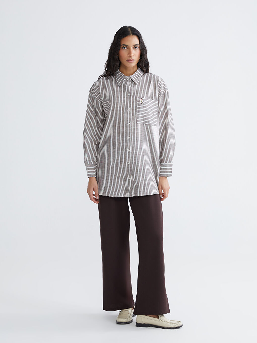 Kahverengi Çizgili Oversize Poplin Kadın Gömlek Tunik-1