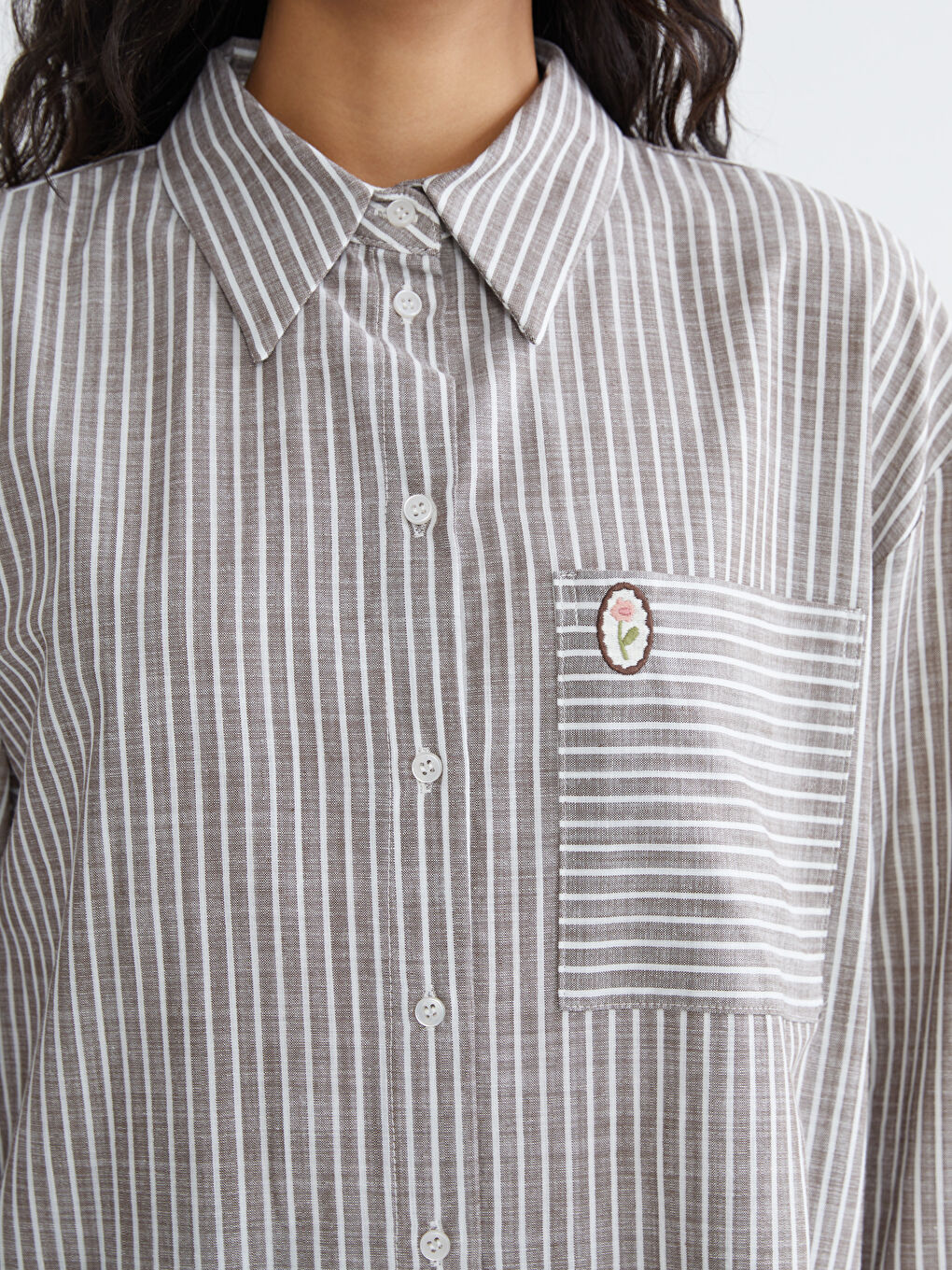 Kahverengi Çizgili Oversize Poplin Kadın Gömlek Tunik-2