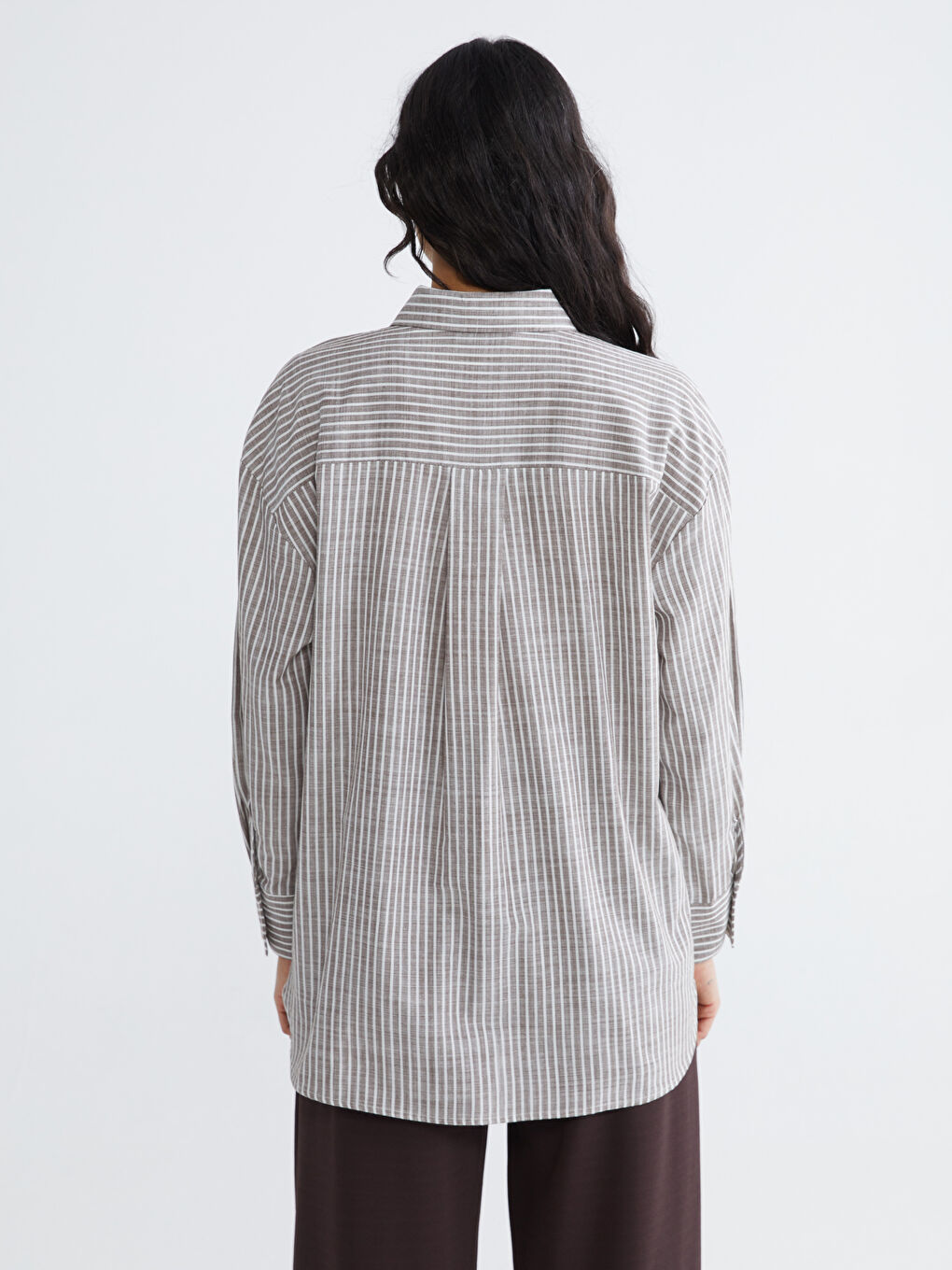 Kahverengi Çizgili Oversize Poplin Kadın Gömlek Tunik-3