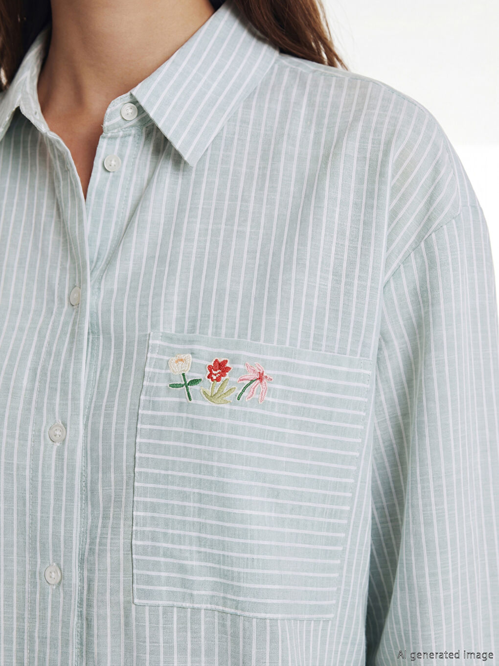 Yeşil Çizgili Oversize Poplin Kadın Gömlek Tunik-2