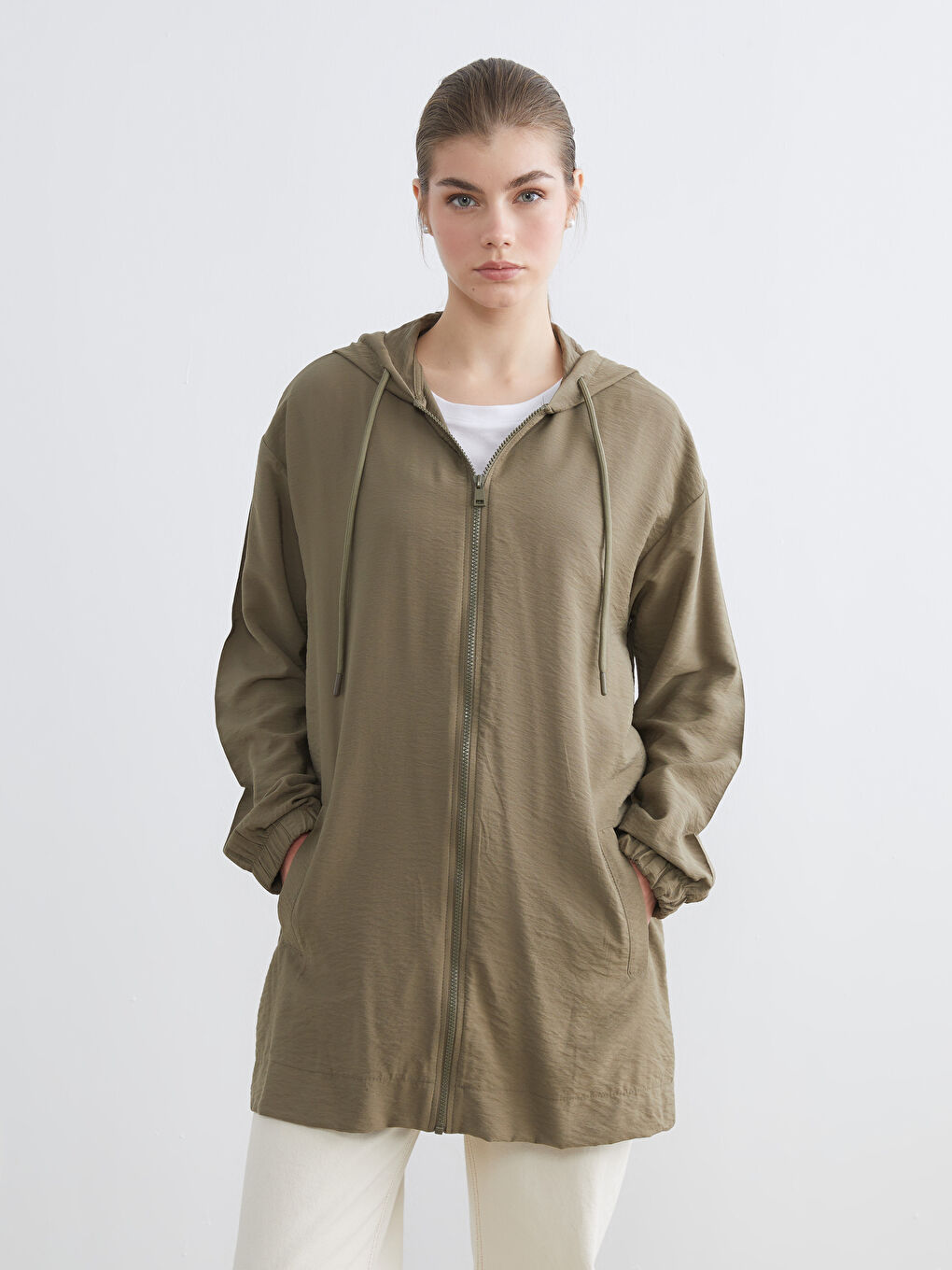 Haki Kapüşonlu Oversize Kadın Tunik