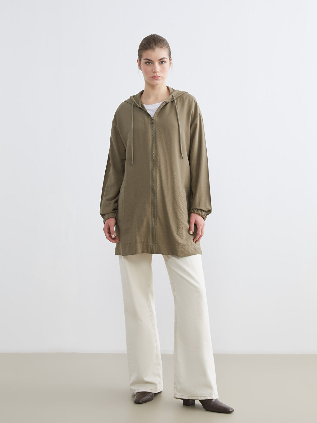 Haki Kapüşonlu Oversize Kadın Tunik-1