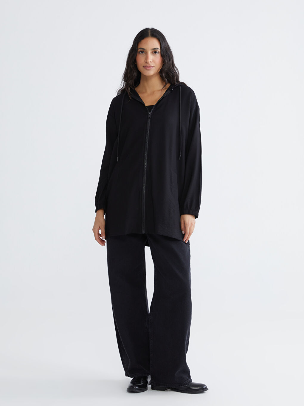 Siyah Kapüşonlu Oversize Kadın Tunik-1